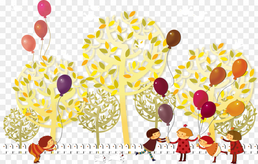 Children Playing With Balloons Cartoon Floral Design Illustration PNG