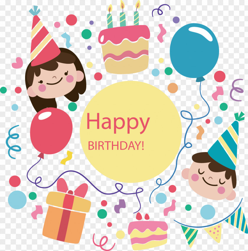Vector Hand-drawn Cartoon Kids Celebrate Birthday Cake Happy To You Party Card PNG