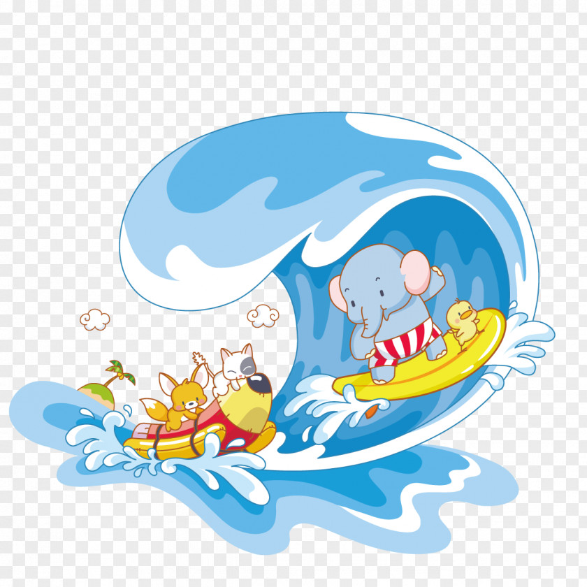 Surfing Elephant Cartoon Illustration PNG