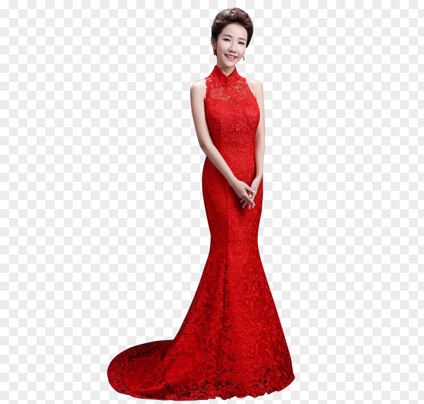Red Lace Dress Formal Wear Gown Cheongsam PNG