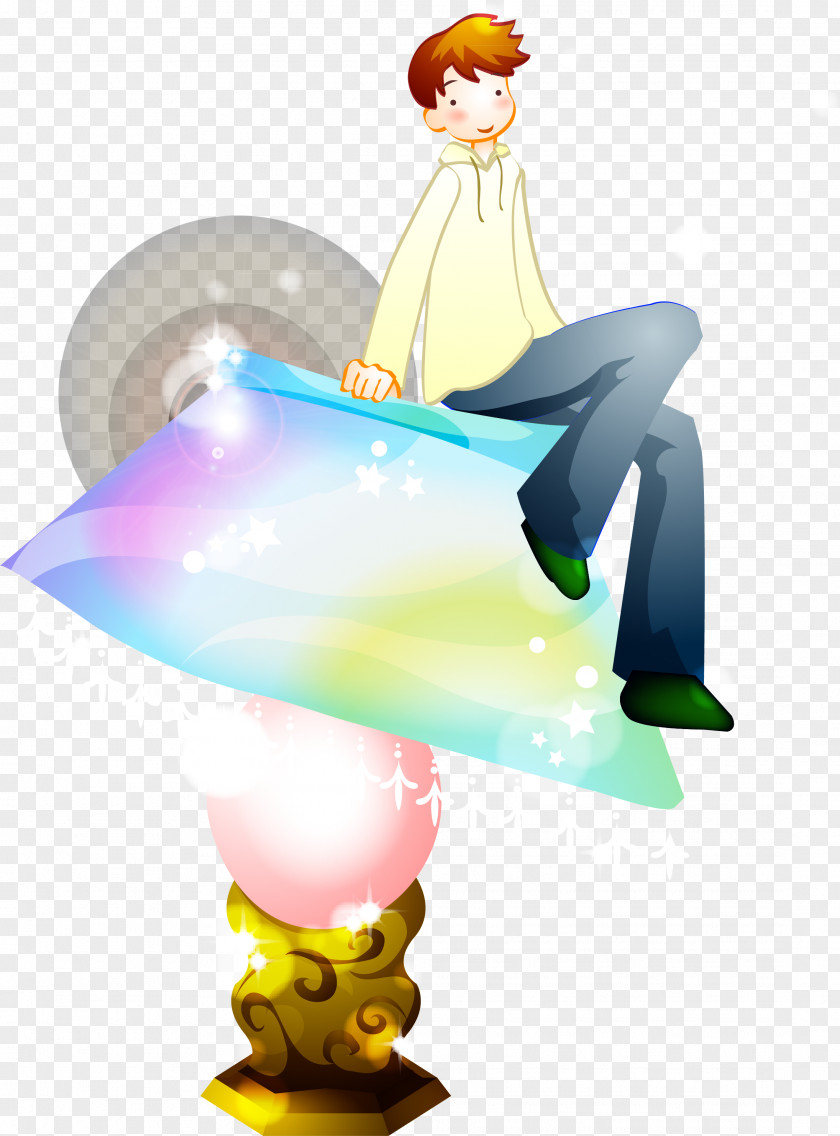 A Man Sitting On Lamp Cartoon Designer Illustration PNG