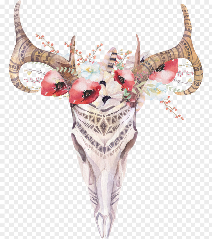 Skull And Flower Sketch Png Deer Stock Illustration Cattle Cow's Skull: Red, White, Blue Watercolor Painting PNG