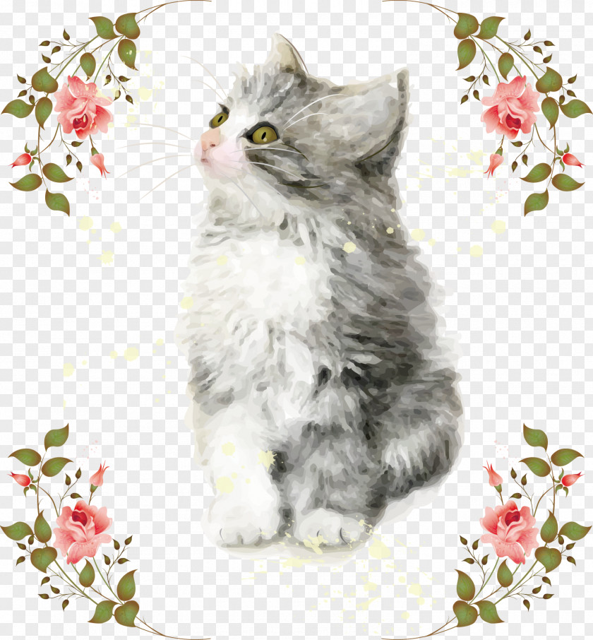 Kitten And Patterns Cat Watercolor Painting Drawing PNG