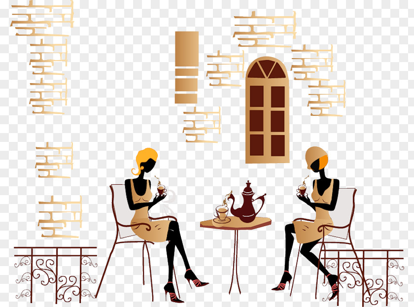 Cartoon Girlfriends Tea Coffee Time Cafe Fashion PNG