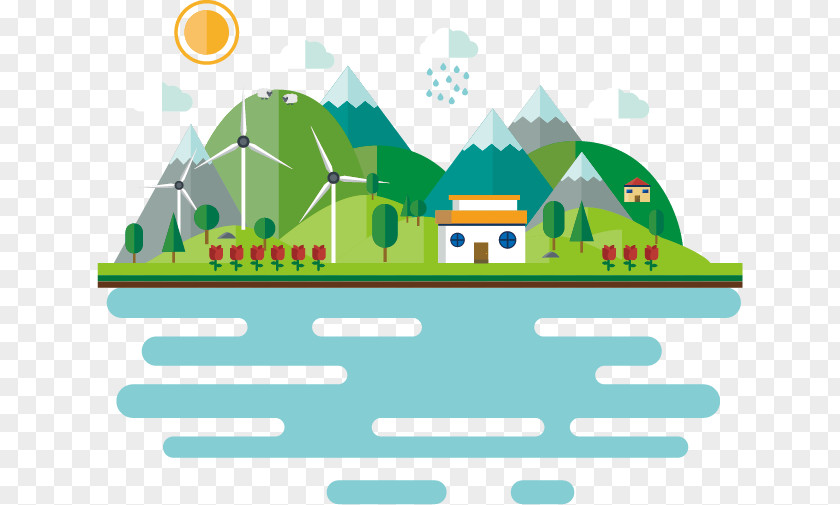 Lakeside Town Landscape Euclidean Vector Illustration PNG