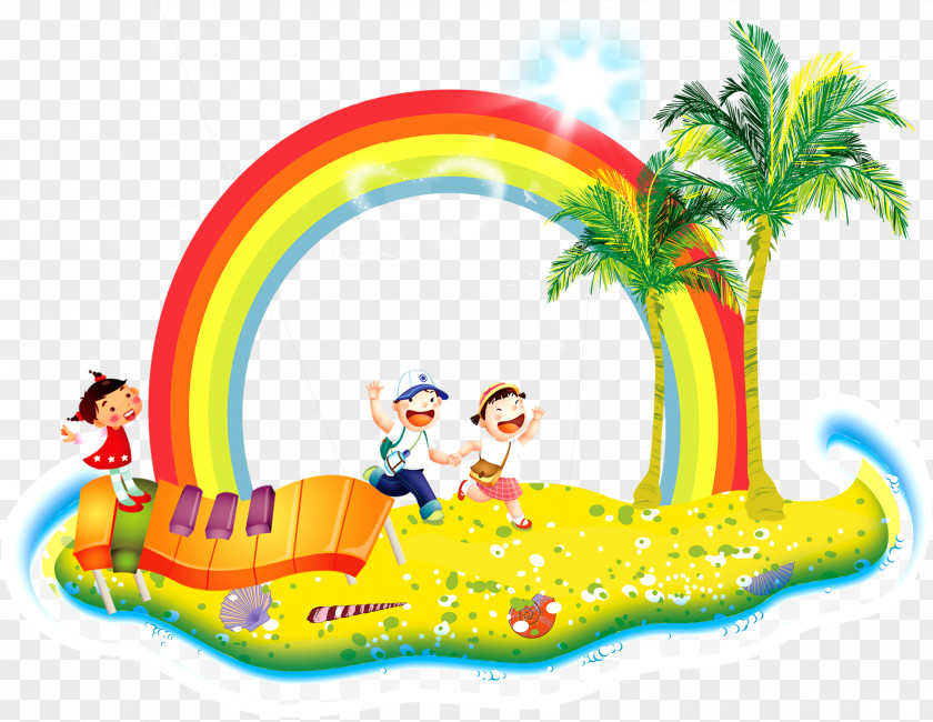 Cartoon Child Running Coconut Tree Rainbow Decoration Background Drawing Clip Art PNG