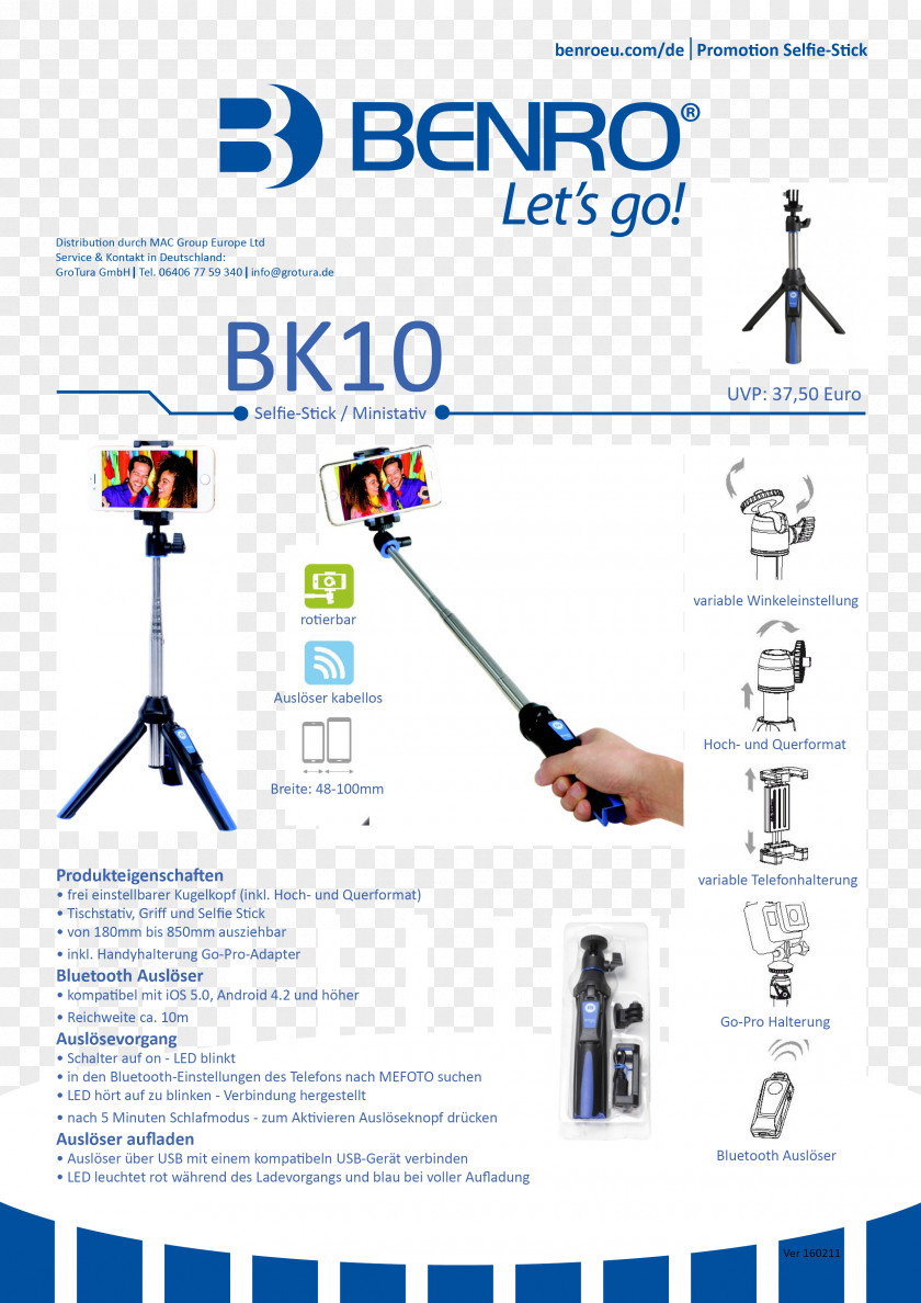Selfish Stick Benro BK10 Mini Tripod And Selfie Monopod PNG