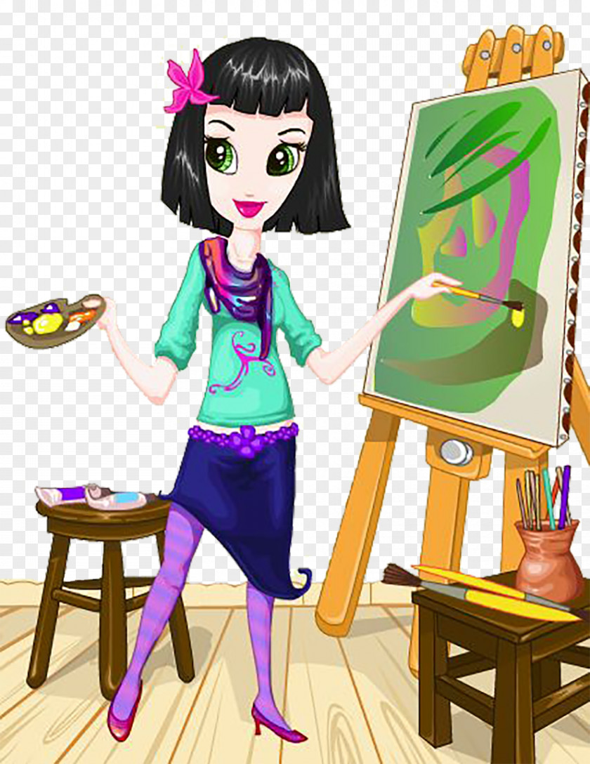 Female Oil Painter Painting Illustration PNG