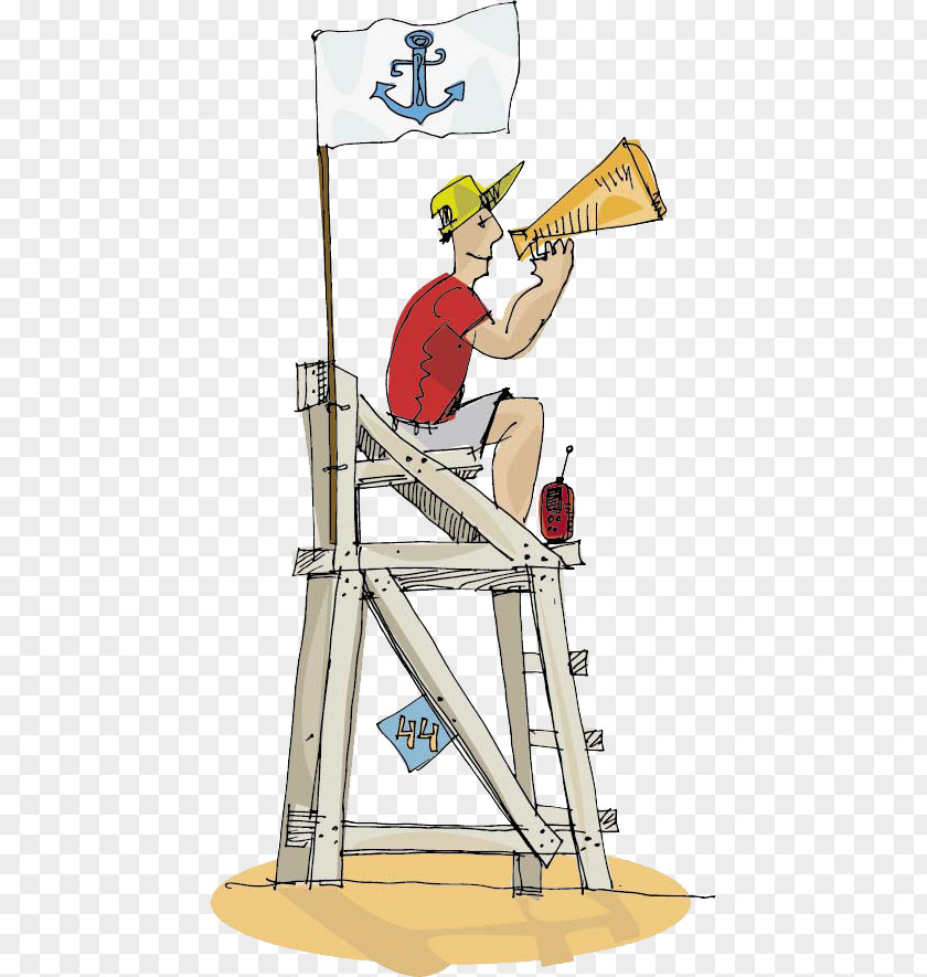 The Man Sitting On Stairs To Take Horn Cartoon Lifeguard Illustration PNG
