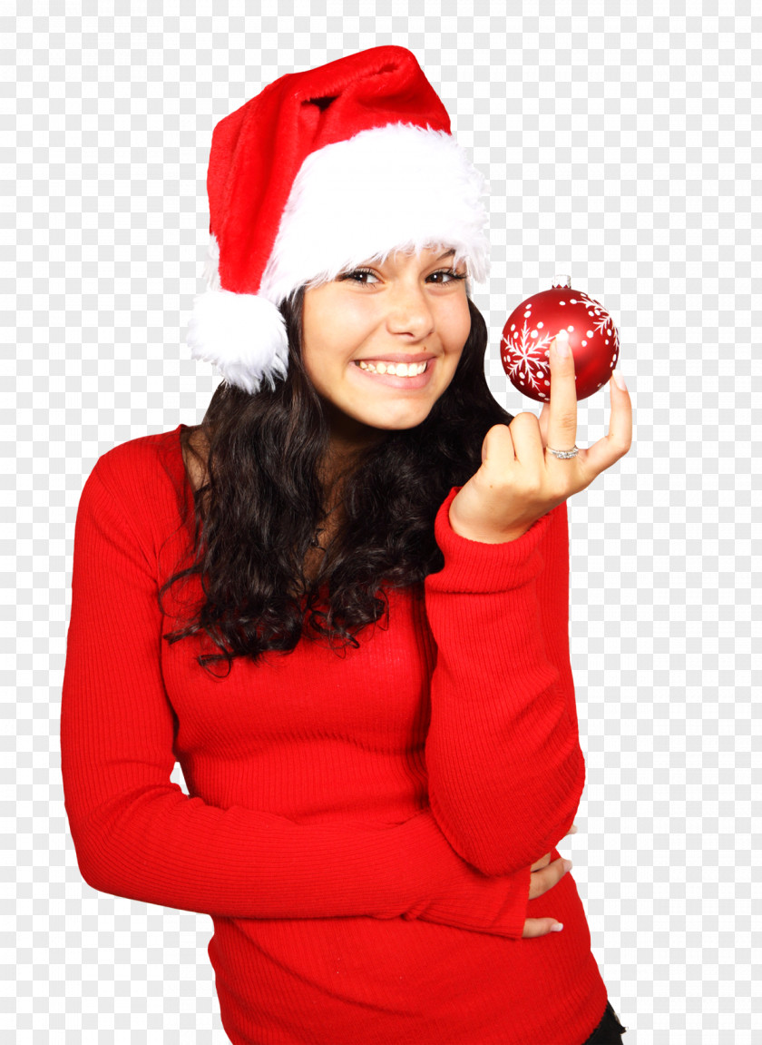 Attractive Young Woman Holding Christmas Ball Santa Claus PNG