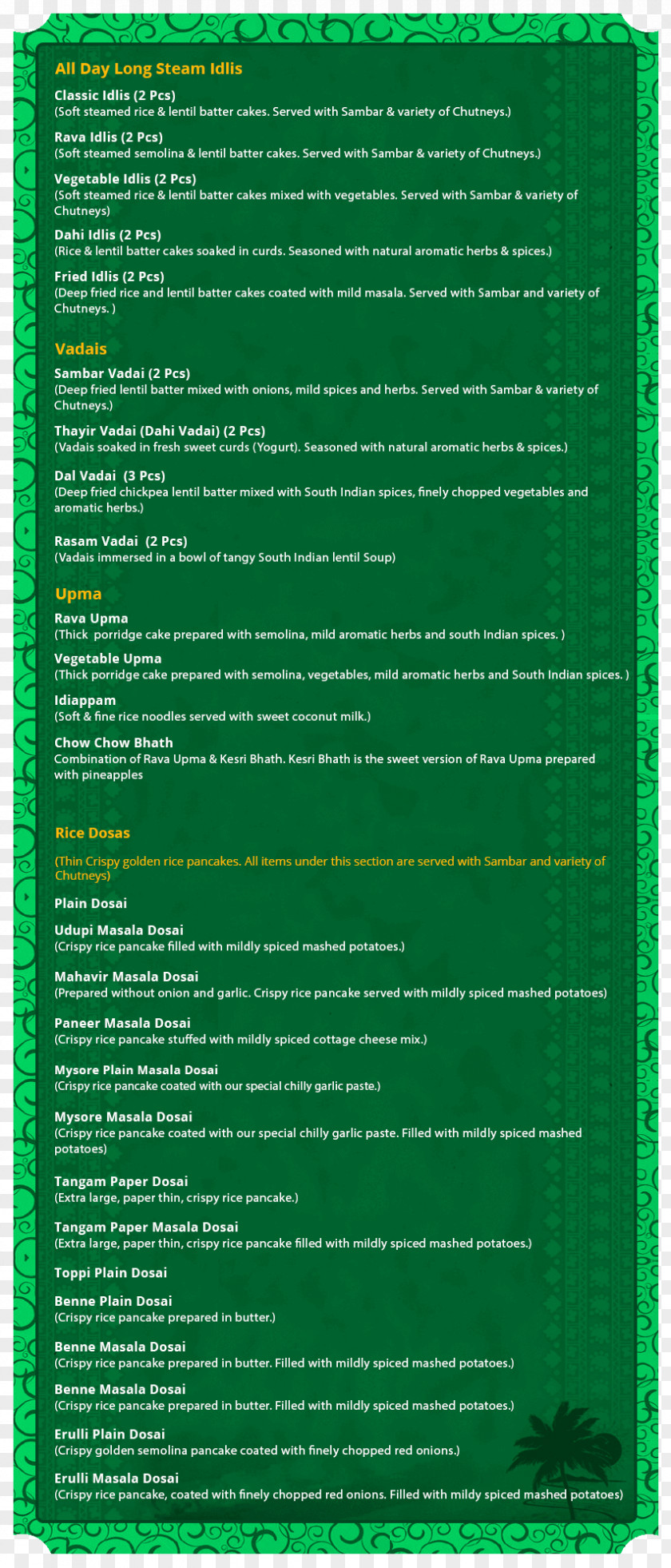 Menu South Indian Cuisine Dosa Naivedyam PNG