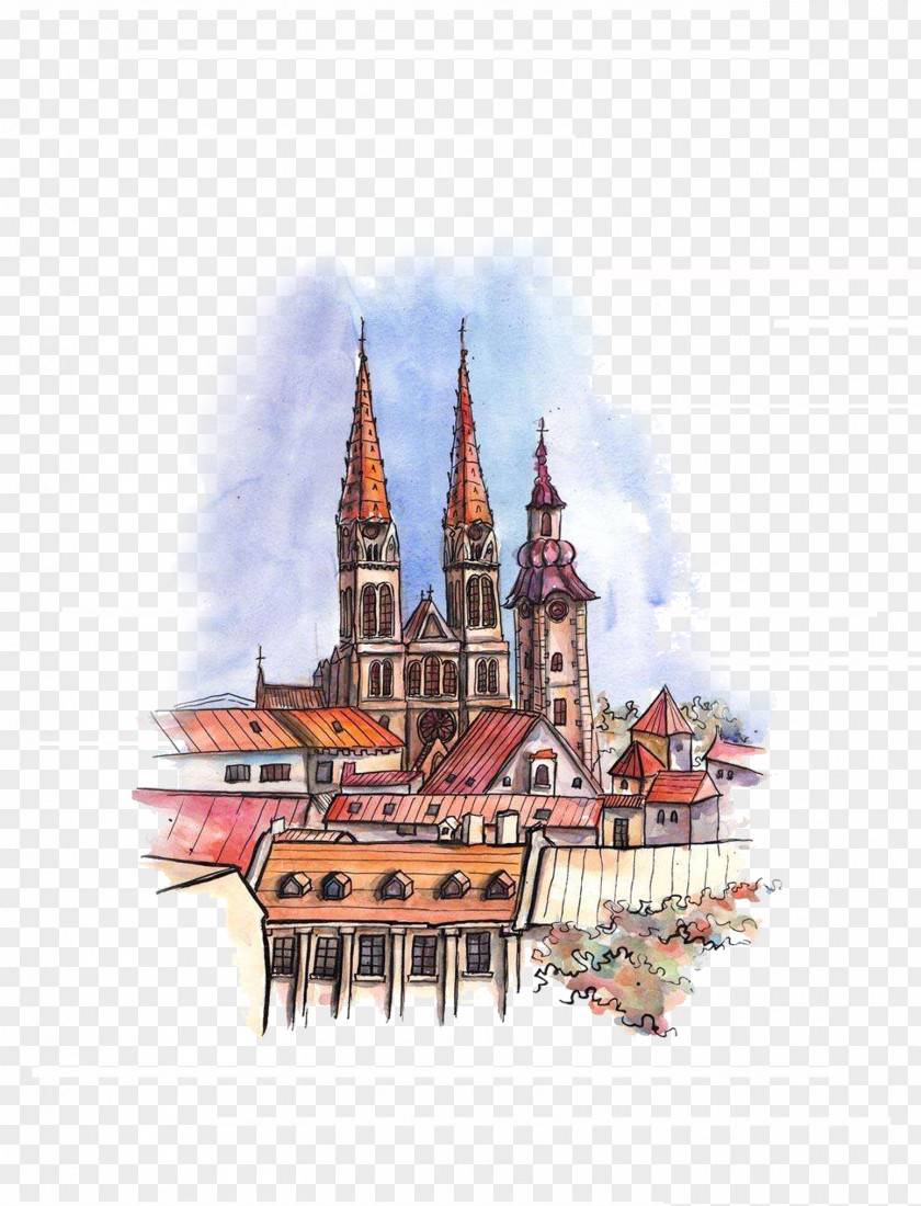 Hand Painted City Zagreb European Union Watercolor Painting Panorama Stock Photography PNG