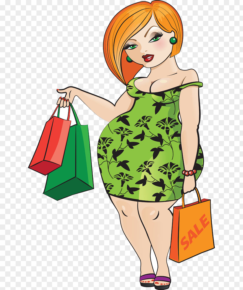 Fat Woman Shopping Cartoon Illustration PNG