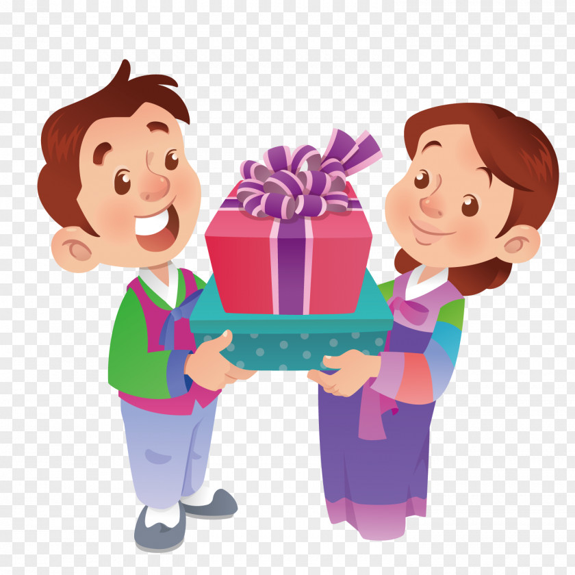 The Child Holding Gift Box Cartoon Illustration PNG