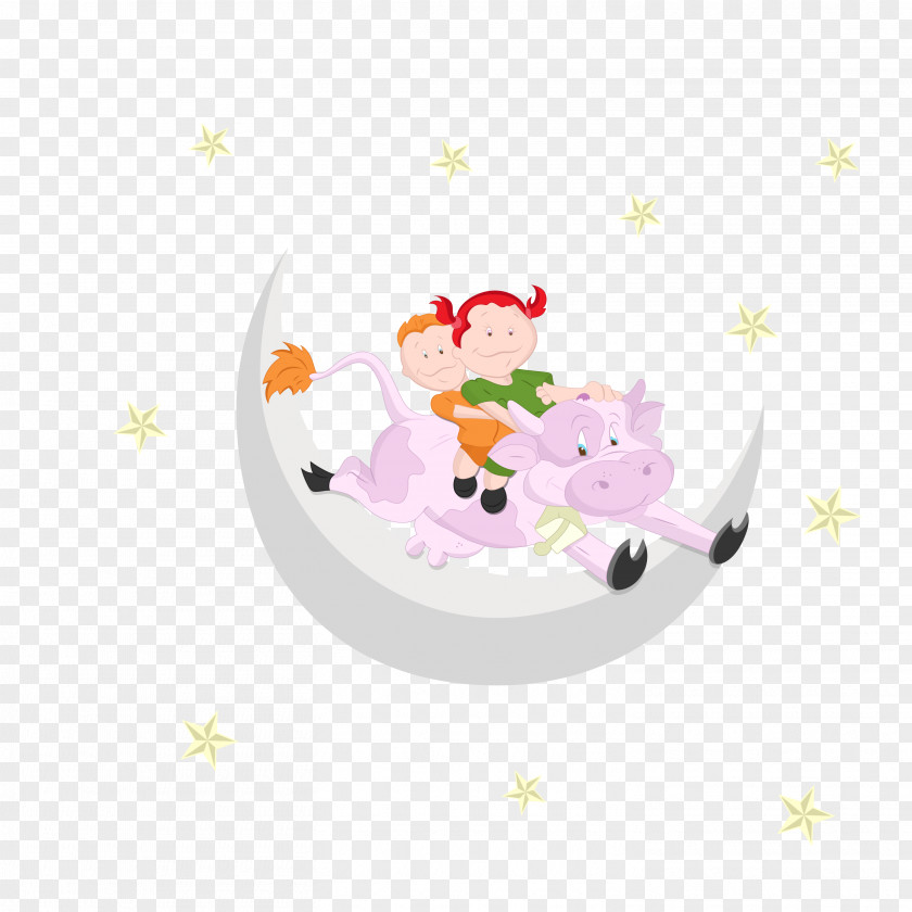 Riding A Cow In The Moon Running Children Cartoon PNG