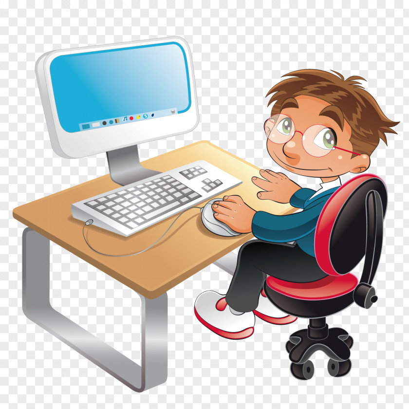 Sitting In Front Of The Computer To Learn Little Boy Student Cartoon Clip Art PNG