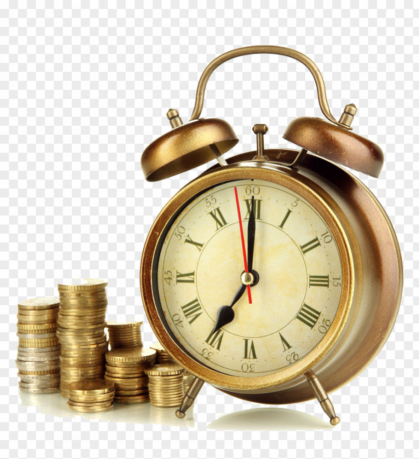 Alarm Clock And Coins Pendulum Mantel Hourglass PNG