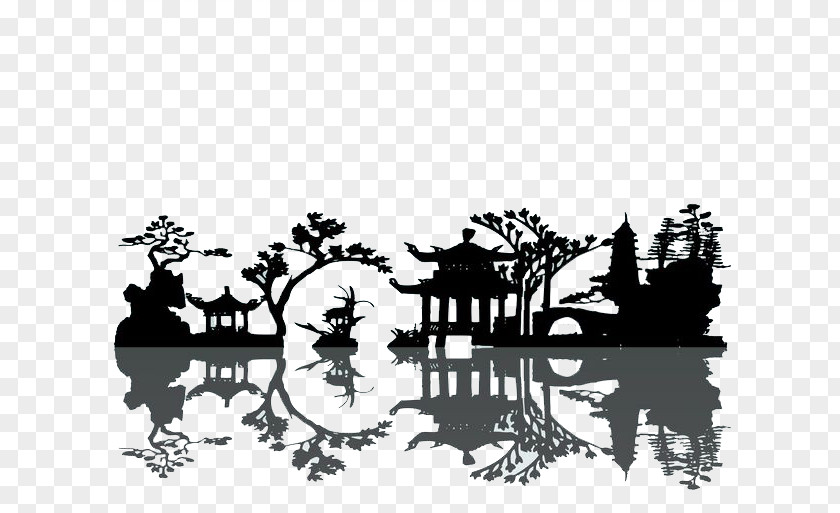 Chinese Wind Courtyard Silhouette China Landscape Painting PNG