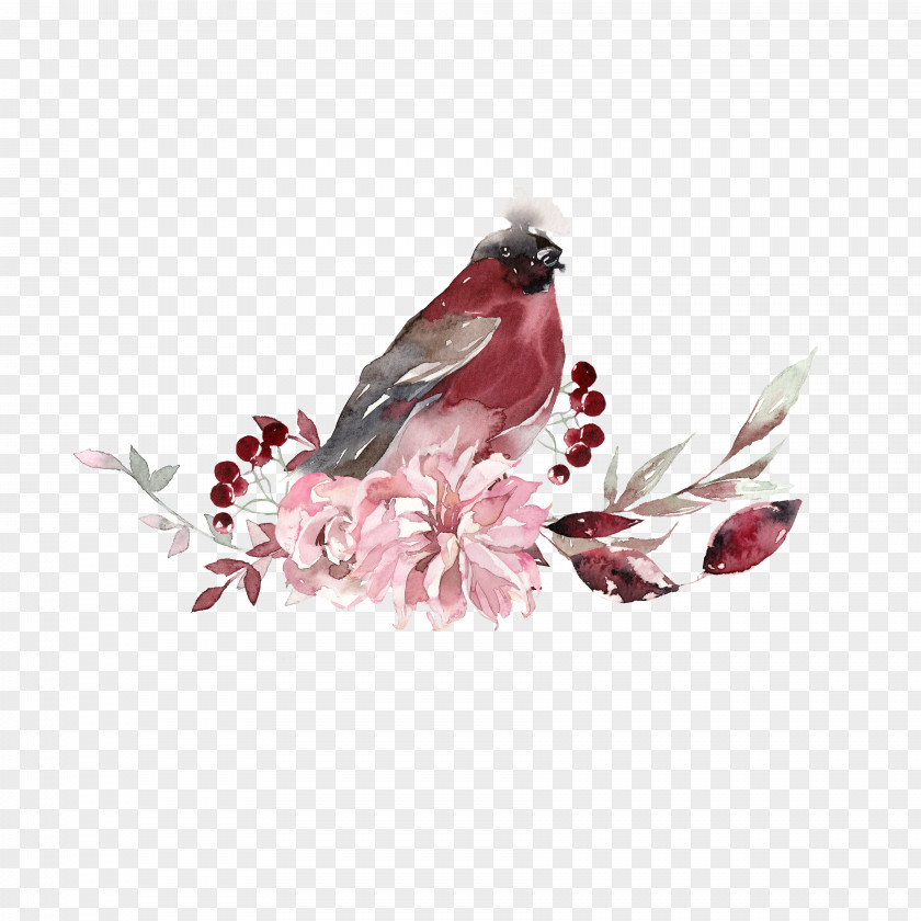 Perching Bird Flower Watercolor Background PNG