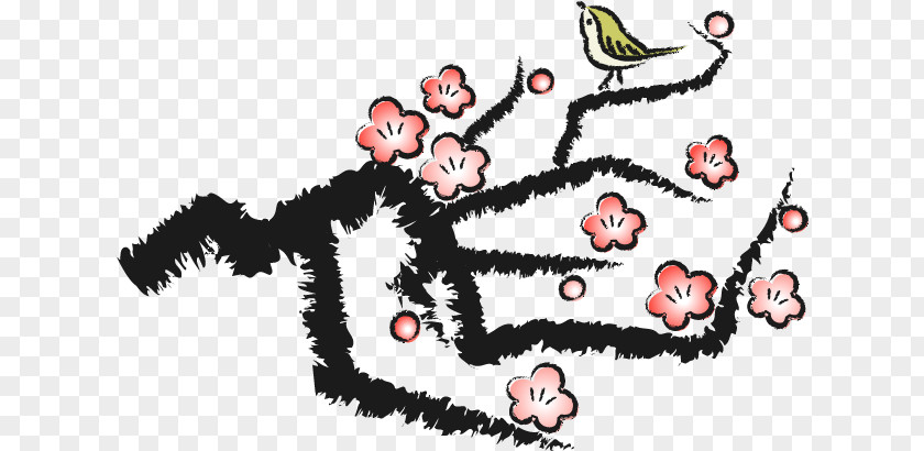 Illustration Ink Brush Plum Blossom Wash Painting Japanese Bush Warbler PNG