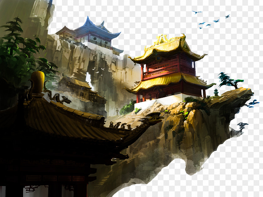 Hand-painted Temple Download MP3 Days Go Slow Mystic Sunset PNG