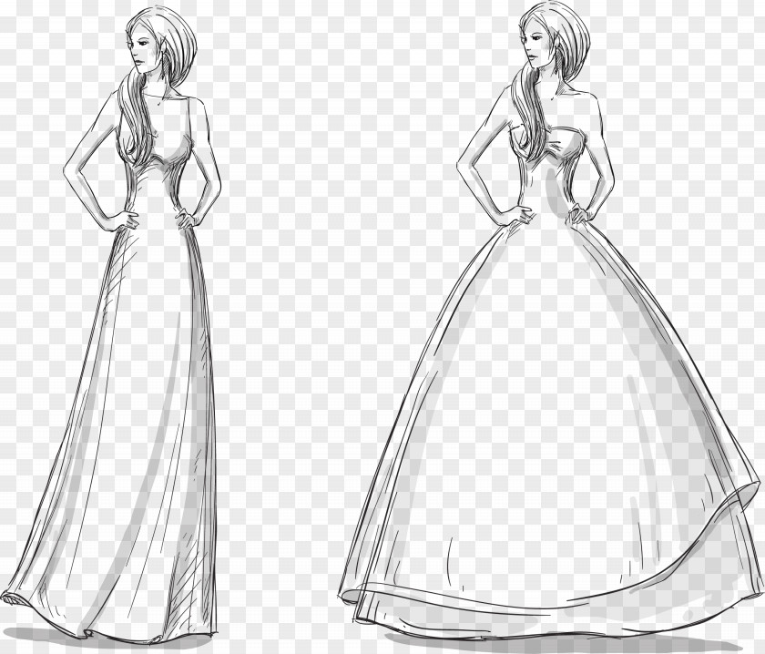 Elegant Women Painted Different Dress Drawing Gown Fashion PNG