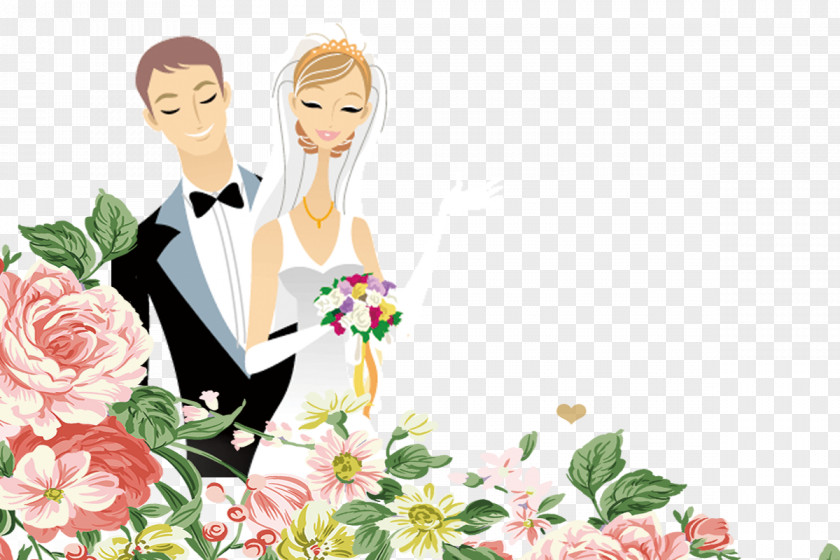 Cartoon Bride And Groom Floral Design Bridegroom Marriage PNG