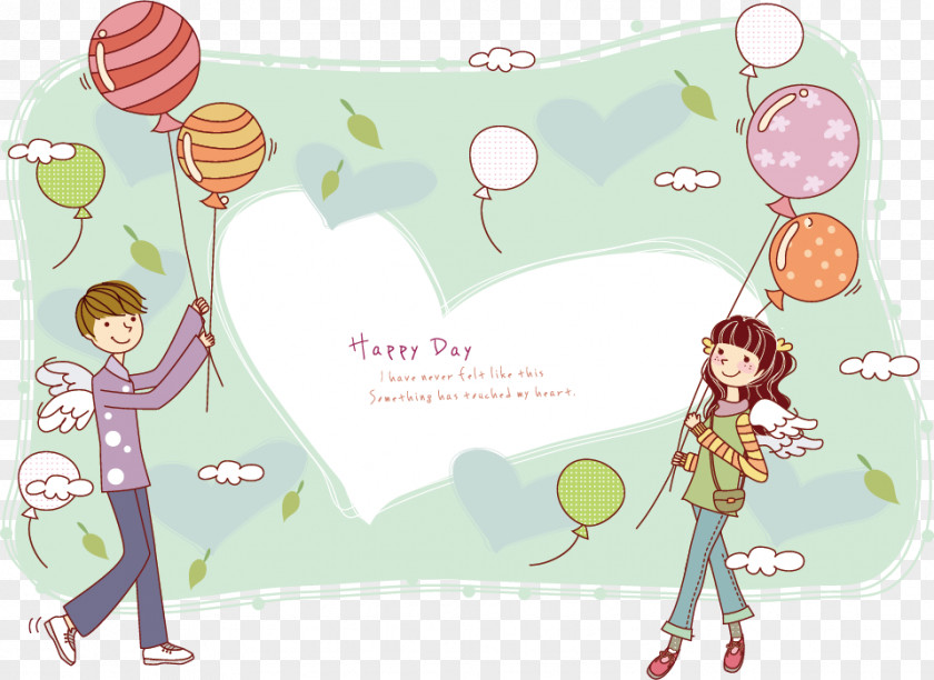 Cartoon Couple Holding Balloons Falling In Love Illustration PNG