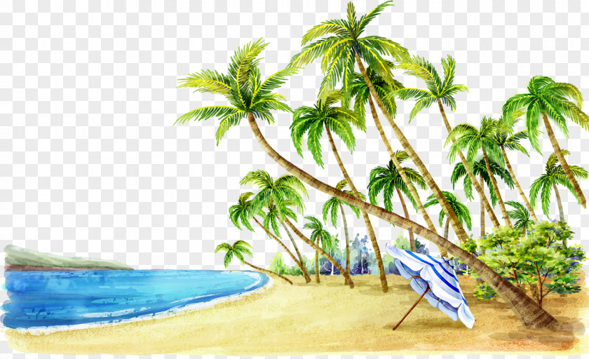 Trees On The Edge Of Beach Watercolor Painting Fukei Coconut Landscape PNG