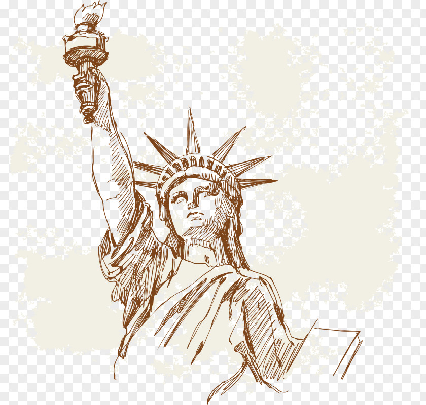 Hand-painted Vintage Building Statue Of Liberty Cartoon Illustration PNG