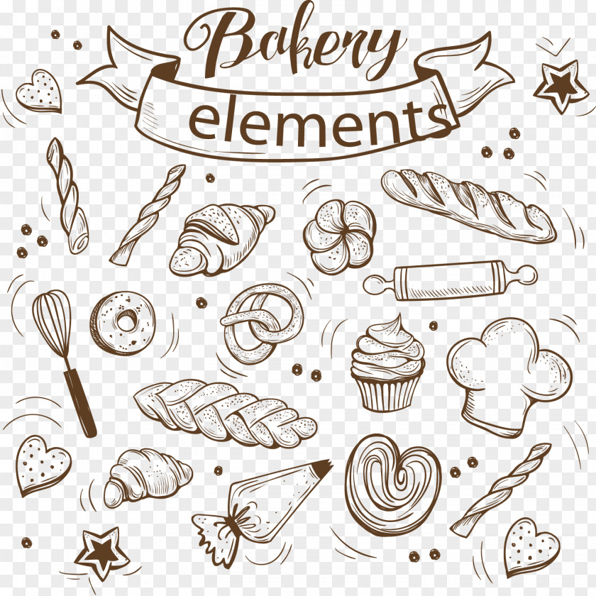 Vector Sketch Bakery Elements And Tableware Cupcake Bread Baking PNG