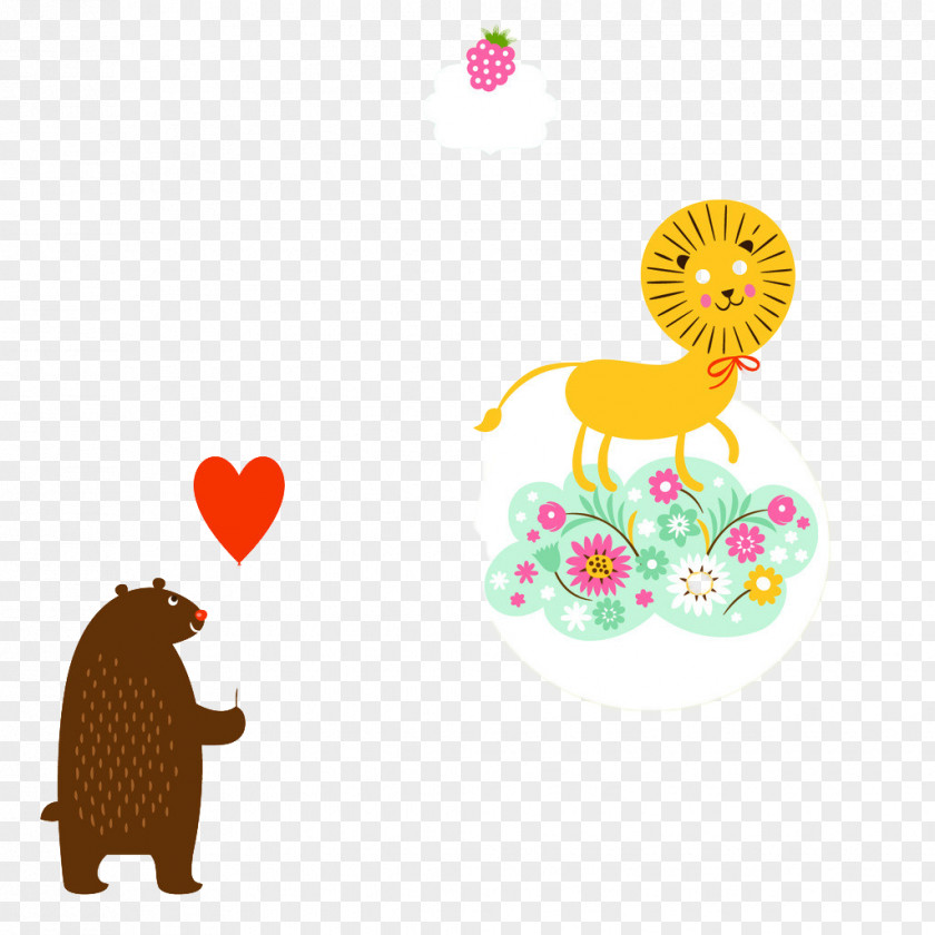 Stepping On The Clouds Of Lion And Bear Drawing Funny Animal Cuteness PNG