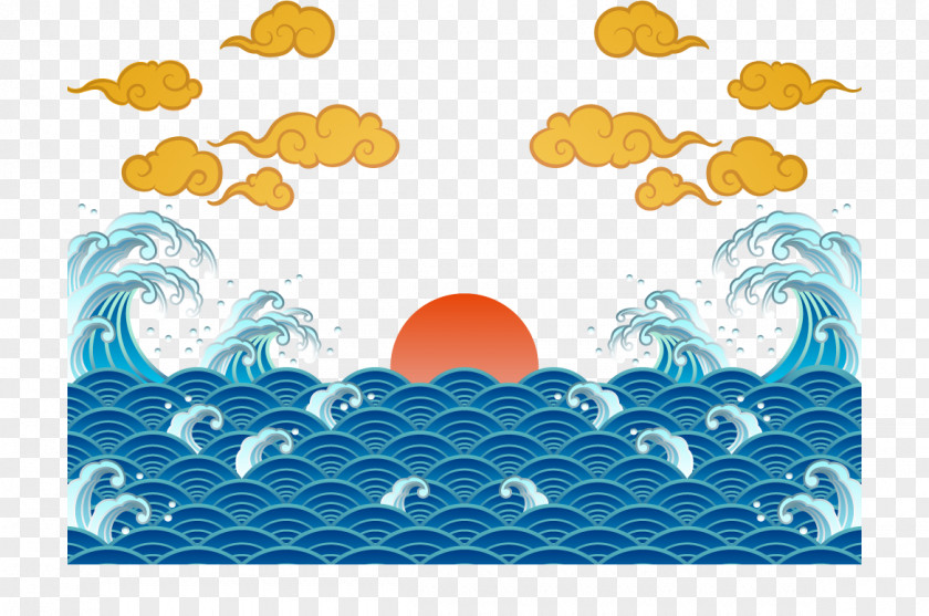 Vector Cartoon Creative Sea Sunrise China Download Wind Wave PNG