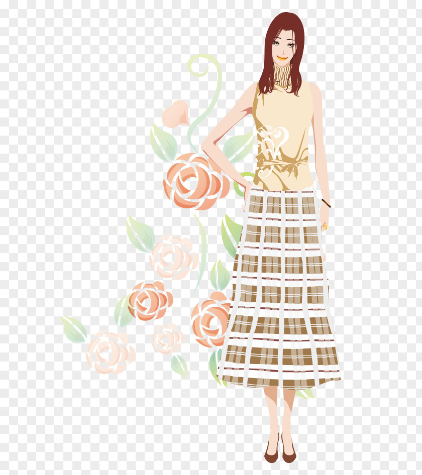 Cartoon Dress Flowers Hand-painted Hair Beauty Long Bijin PNG