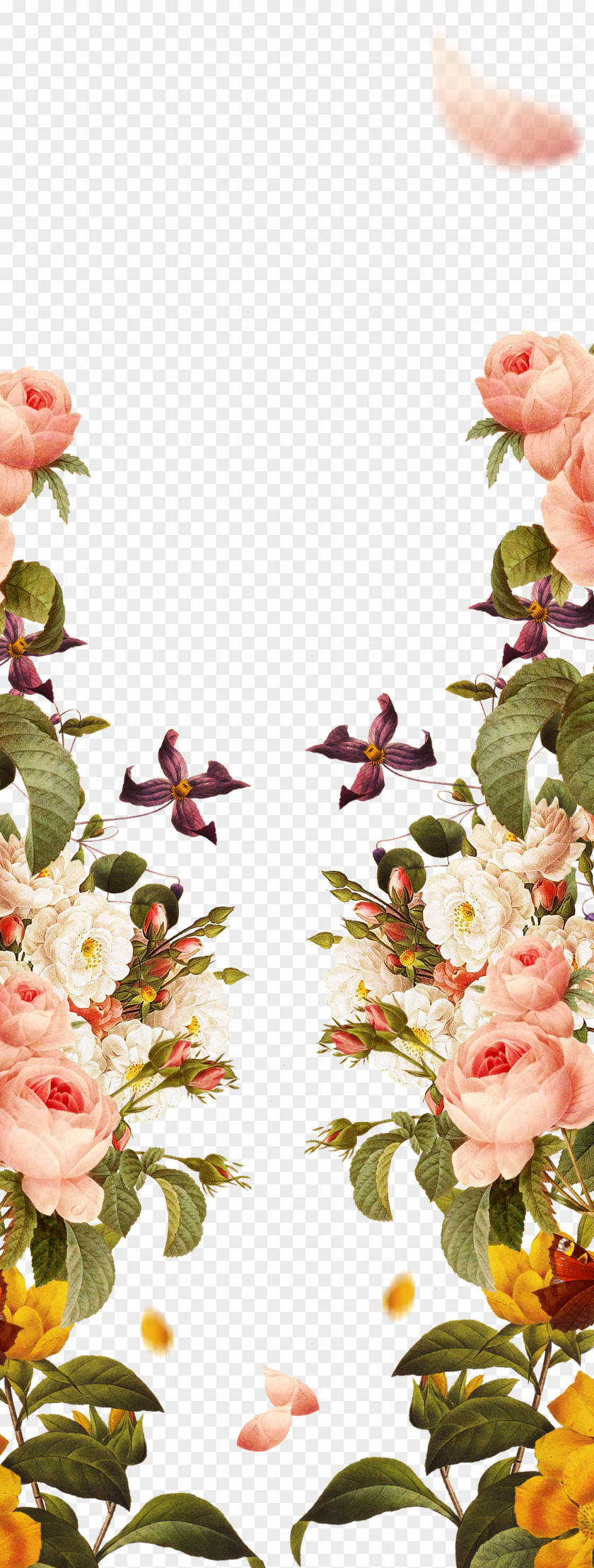 Hand Painted Pink Borders Flowers Garden Roses PNG