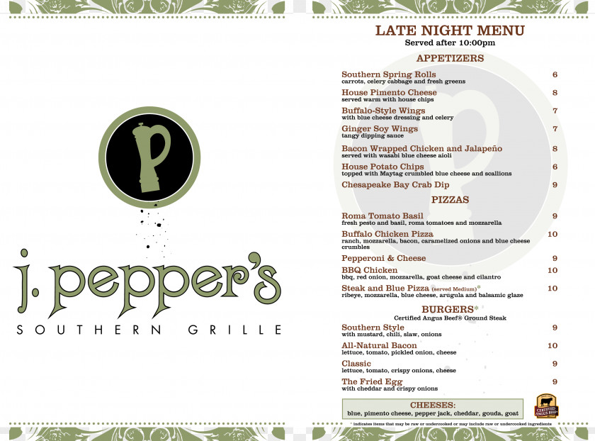 Menu J. Pepper's Southern Grille Restaurant Cuisine Of The United States Logo PNG