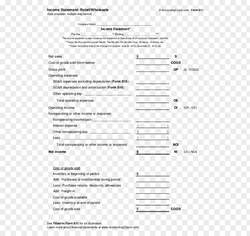 Income Statement Financial Form Finance PNG