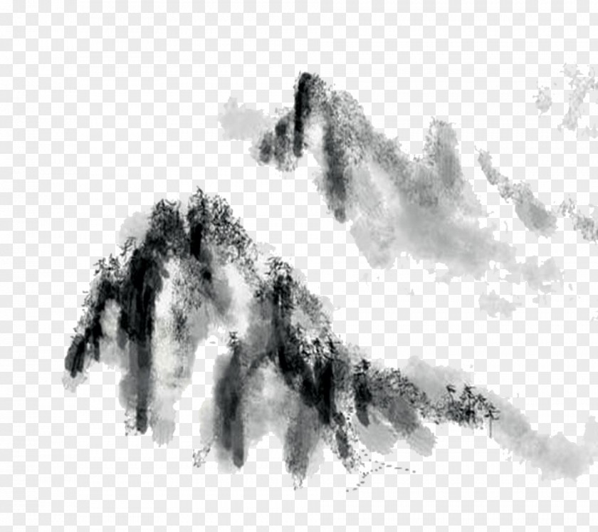 Chinese Ink Painting Mountains Wash Black And White Wallpaper PNG