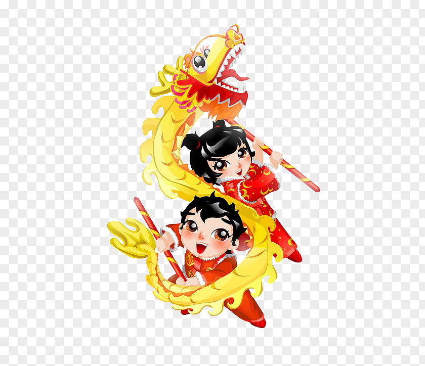Chinese New Year Dragon Painted Children Dance Lion Cartoon PNG