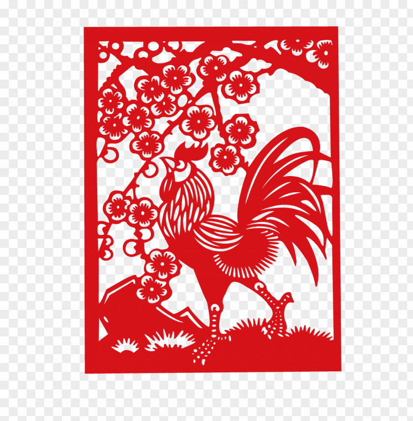 Folk Paper-cut Bloom And Cock Chicken Papercutting Chinese Zodiac Clip Art PNG