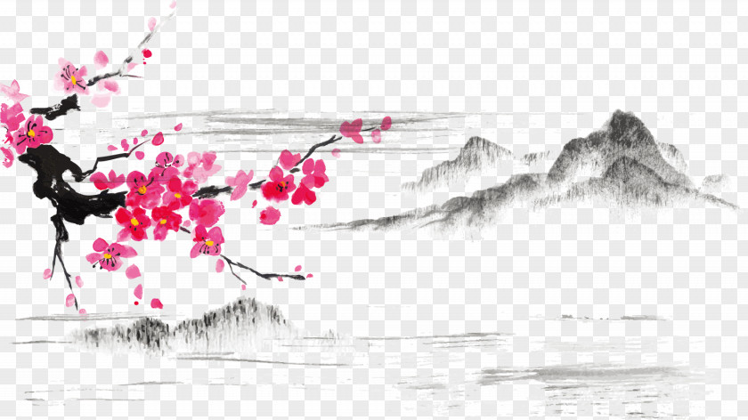 Ink Plum Vector Material Snow Japanese Art Wash Painting Cherry Blossom PNG