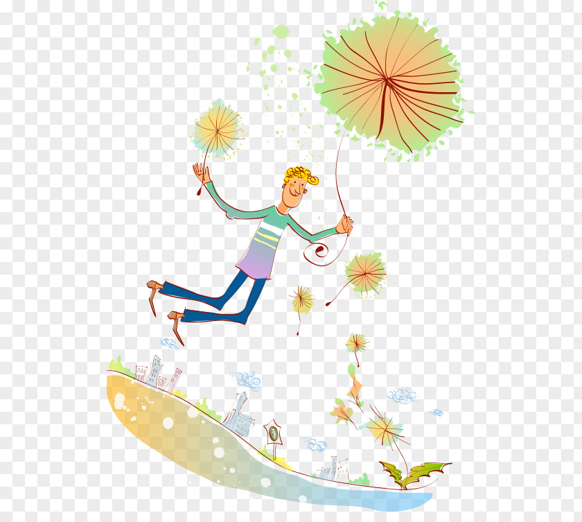 Flying Dandelion And Men Cartoon Illustration PNG