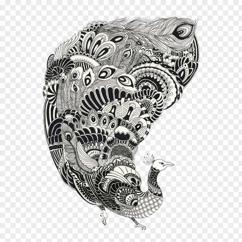 Peacock Visual Arts Black And White Painting Motif Illustration PNG