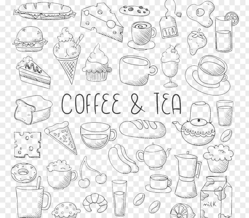 Coffee And Dessert Paper White Line Art Sketch PNG