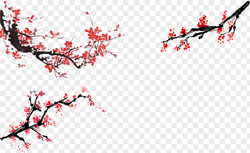 Red Plum Blossom Ink Wash Painting Watercolor PNG