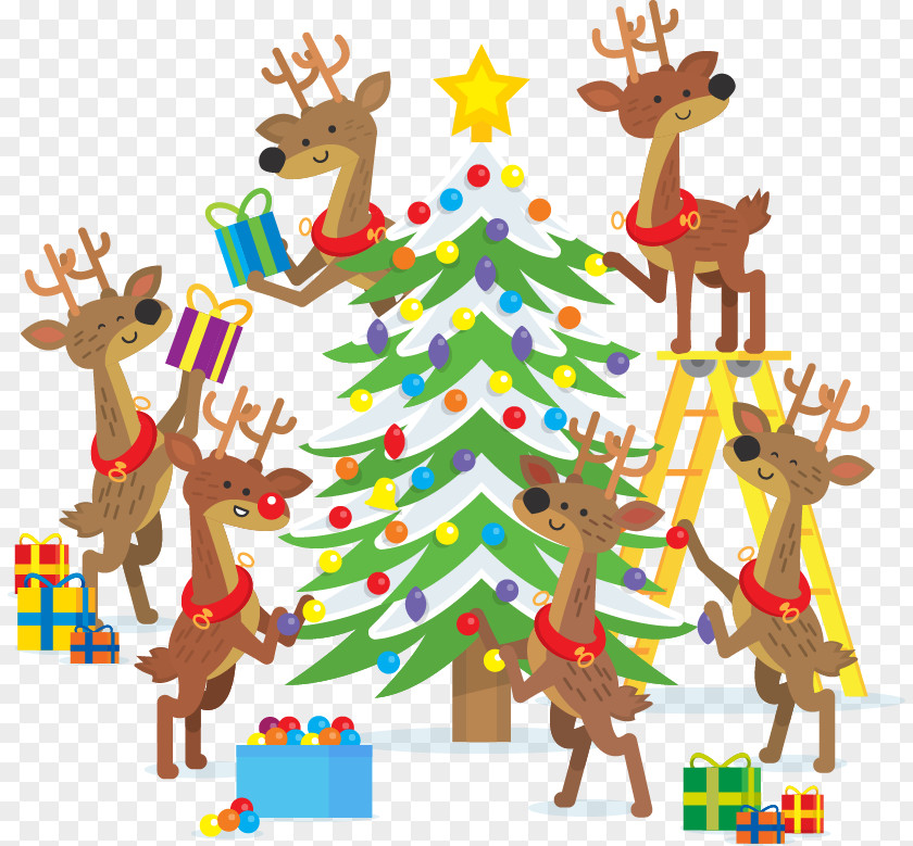 Vector Festive Christmas Tree Cartoon Deer Lights New Year Gift PNG