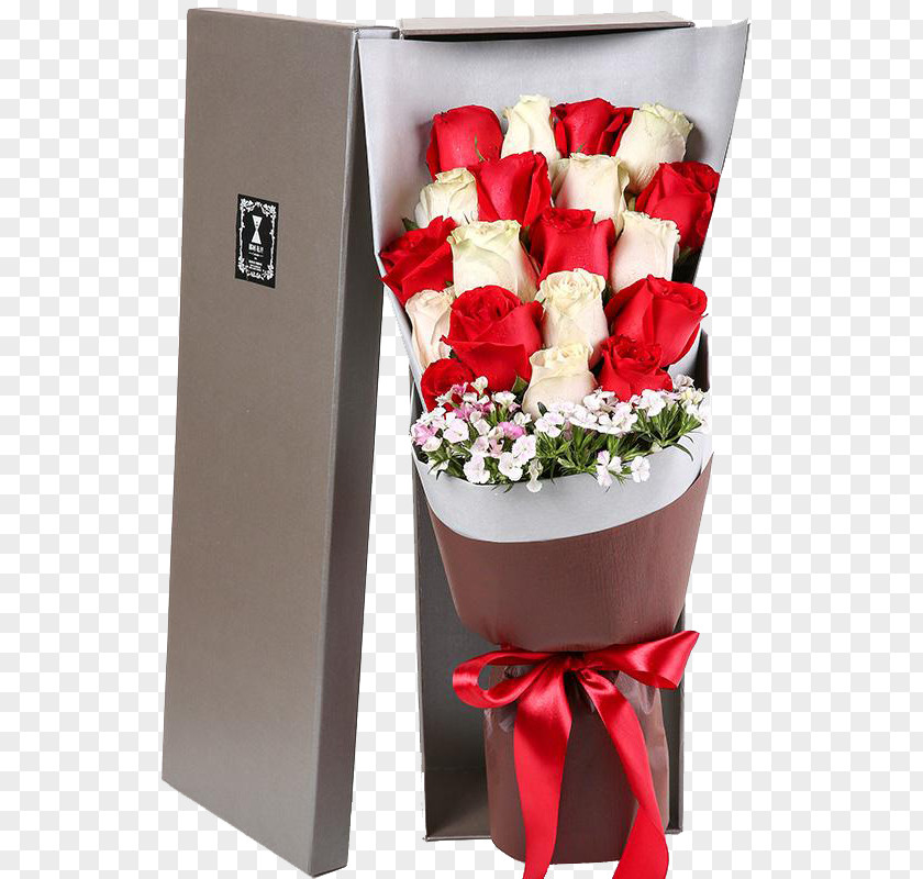 Custom Red And White Rose Bouquet Gift Box Garden Roses Beach Flower Ribbon PNG
