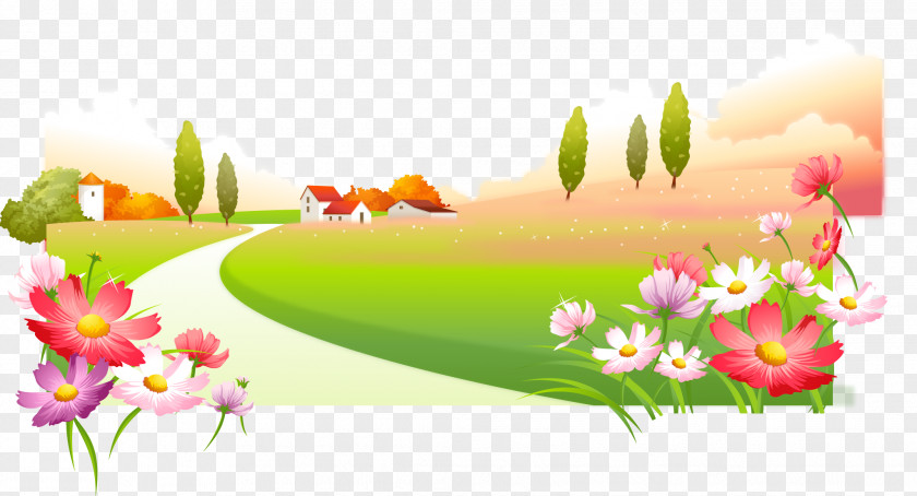 Spring Flowers And Grass Season Poster Background Material Xc7ocuklar Sizin Ixe7in Child Euclidean Vector PNG
