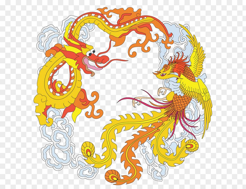 Hand-painted Dragon Fenghuang Cartoon Clip Art PNG