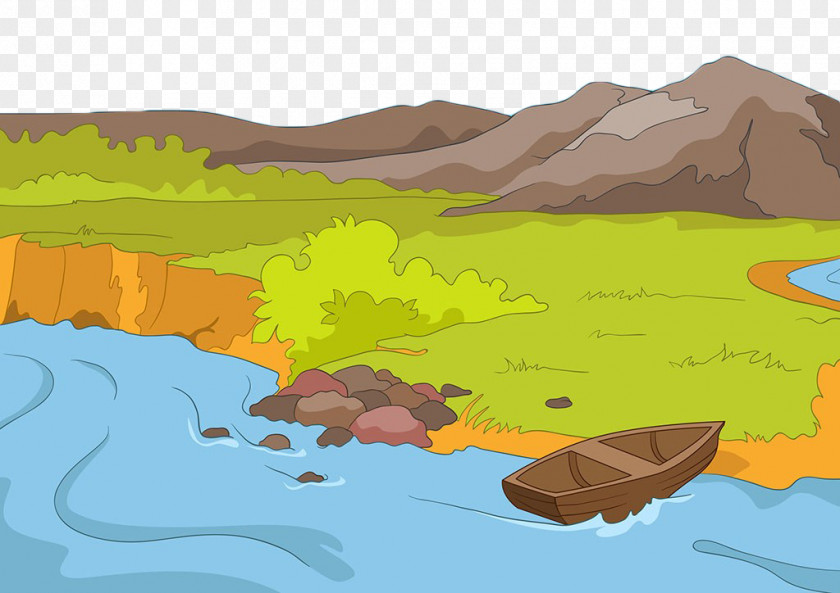 Hand Painted Riverbank Small Wooden Boat Lake Cartoon Stock Photography Illustration PNG